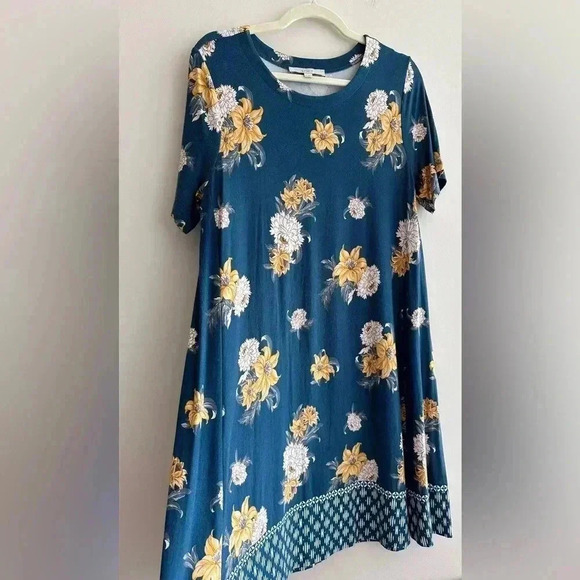 LOFT Blue and Yellow Floral Swing Shift Dress, Casual Knit Dress, Size Medium - Picture 16 of 16